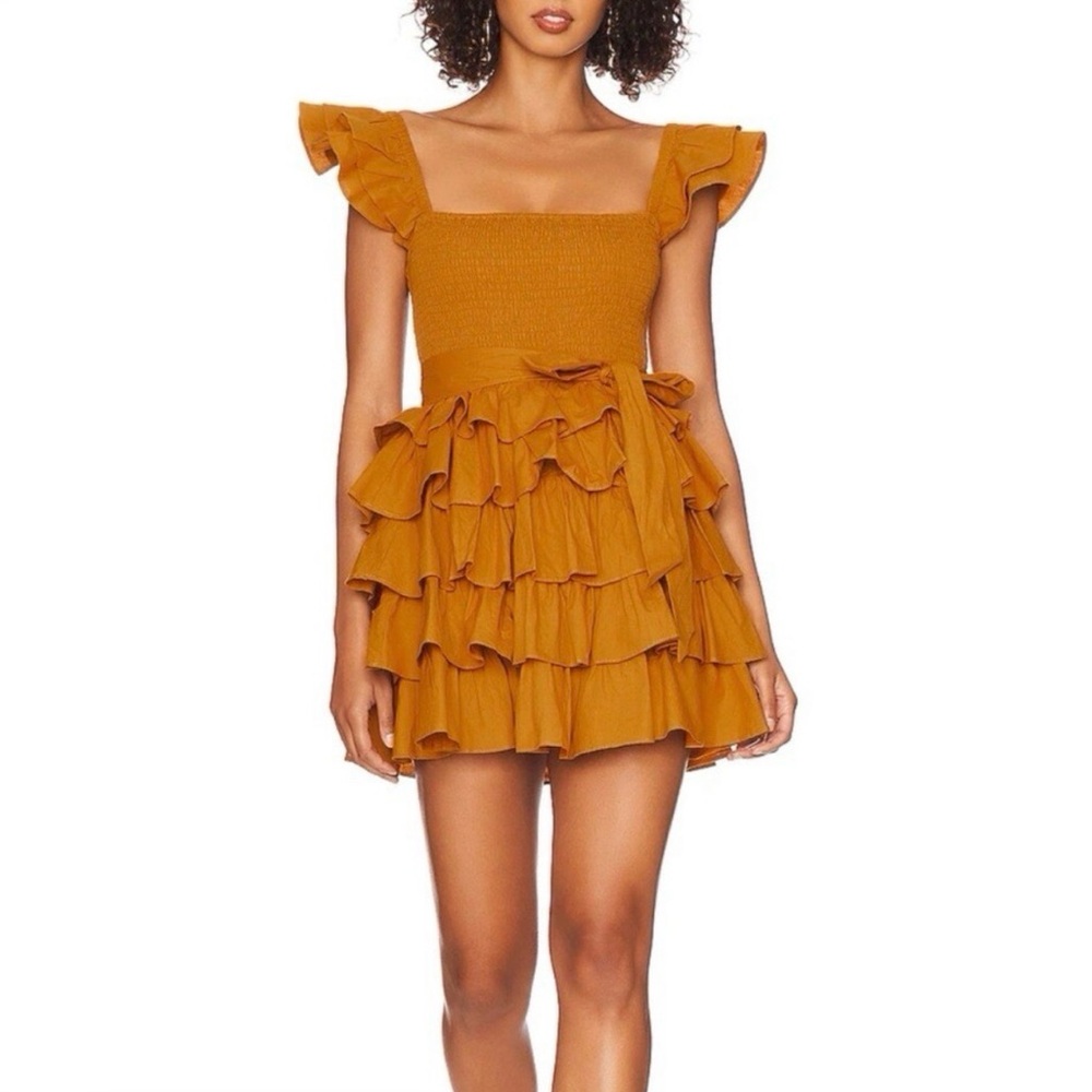 Tularosa Ruffle Smocked Mini Dress in Mustard Gold